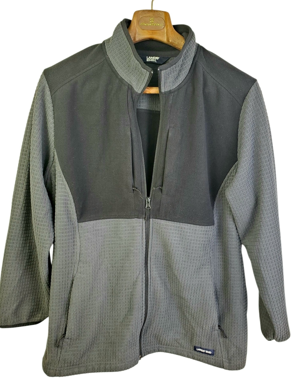 Lands' End Grid Fleece Full Zip Jacket Gray Black Womens Plus Size 1X. #392
